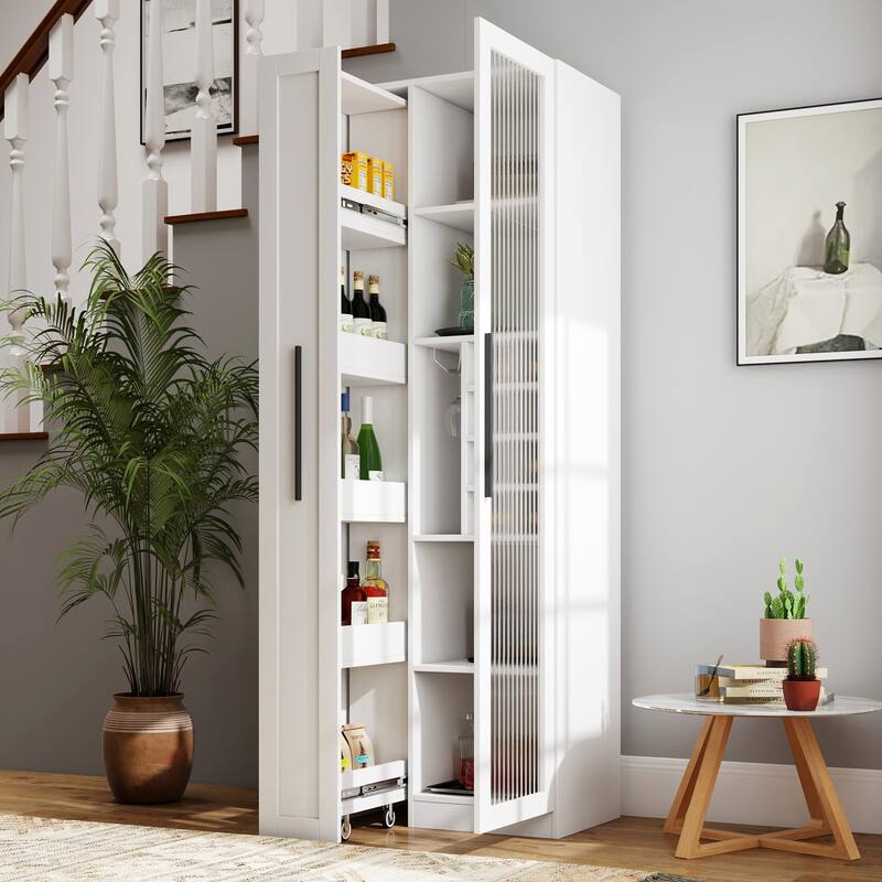 Roomfitters White Kitchen Pantry Cabinet with Glass Doors, Pull-Out Multi-Tier Shelf, and Wine Storage Rack - White