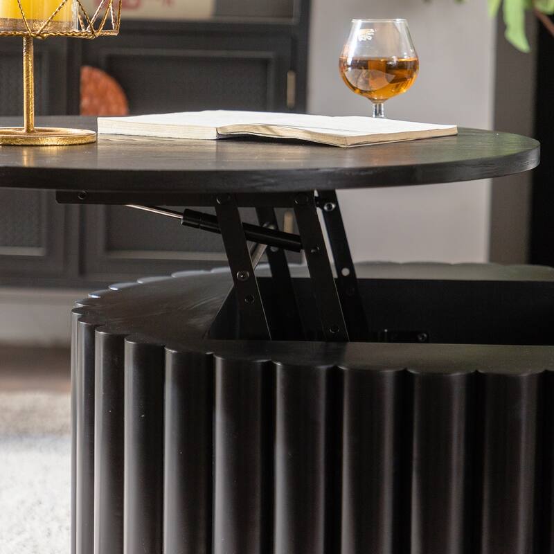 GDFStudio - Modern Lift-Top Round Storage Coffee Table with Handcrafted Relief Pedestal Base