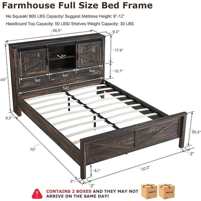 Farmhouse Full Size Bed Frame with Storage Shelves & Charging Station