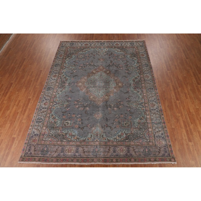 Overdyed Blue Tabriz Persian Vintage Rug Hand-Knotted Wool Carpet - 9'6"x 12'8"