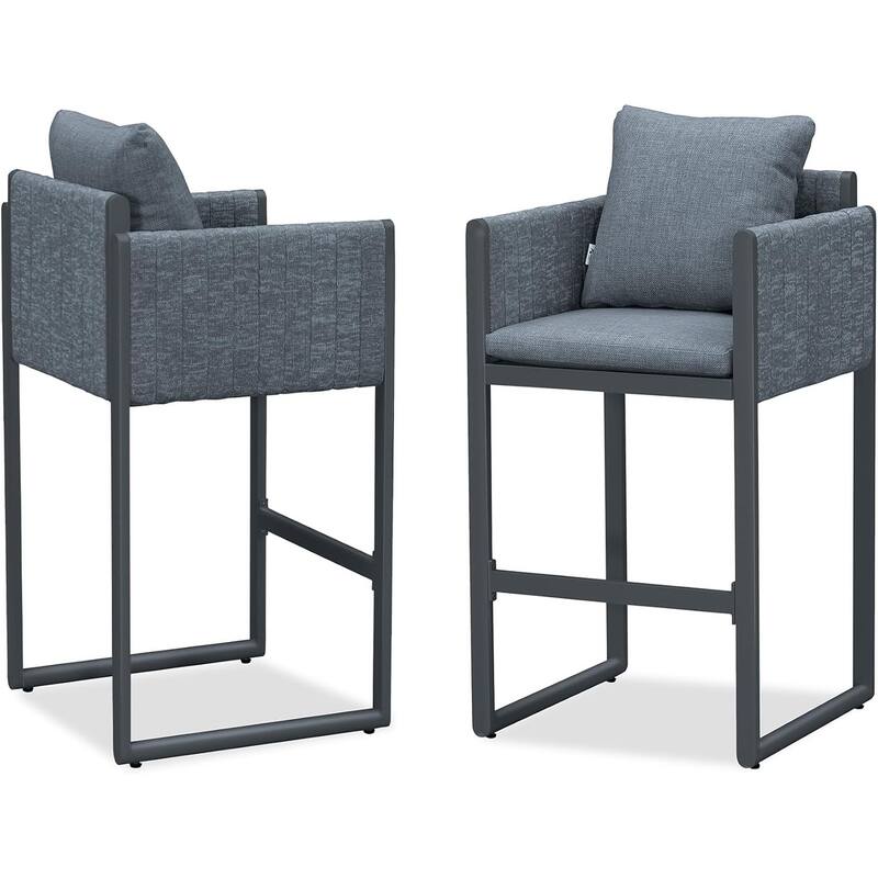PURPLE LEAF Bar Stool Set of 2 Outdoor Rattan Bar Chair with Back Metal Bar Height Stool Wicker Barstool Dark Grey - BarHeight-Grey