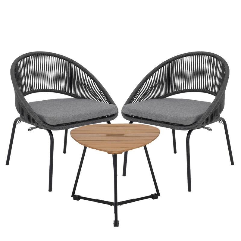 Luxurious 3-Piece Metal Woven Rope Outdoor Bistro Set with Gray Cushion & Coffee Table - 24.8*24.6*29.2 INCH