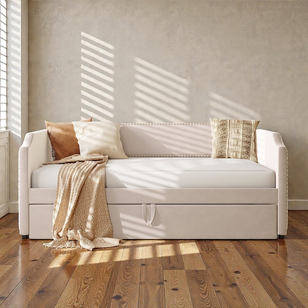 Twin Size Velvet Upholstered Daybed with Pop Up Trundle, 2-in-1 Sofa Bed for Guest Room or Kids Room