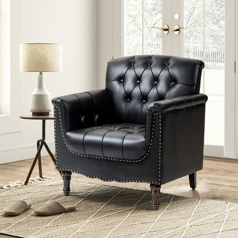 Modern Tufted Accent Chair with Nailhead Trim, Faux Leather Armchair