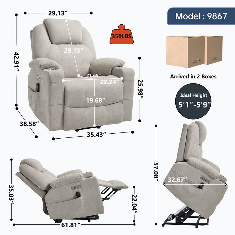 Roomfitters Power Lift Recliner Chair with Heat Massage 350lbs Heavy Duty Electric Sofa USB C Ports Cup Holders