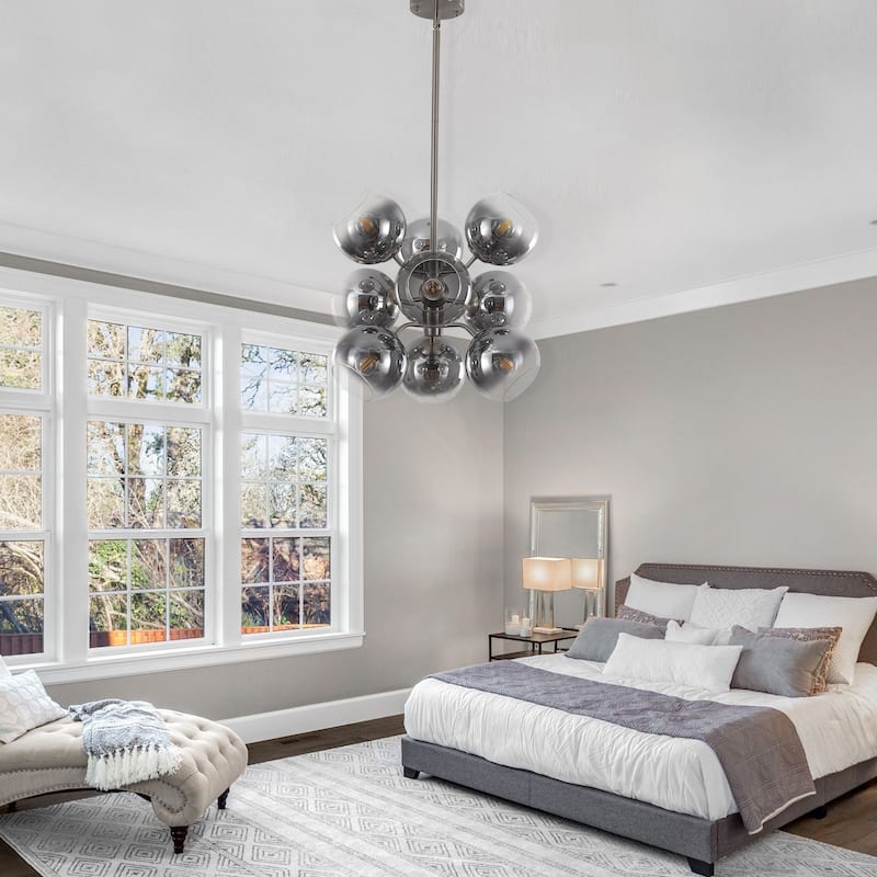 9 - Light Sputnik Chandelier, Smoked Glass Shades, Brushed Nickel Frame - Sand Nickel