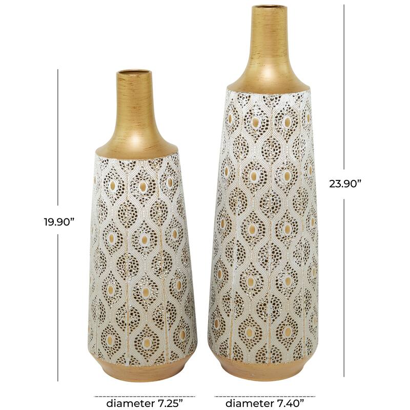 Metal Vase with Diamond Pattern - Set of 2 White - Roche River Decor - 7"W x 7"L x 24"H
