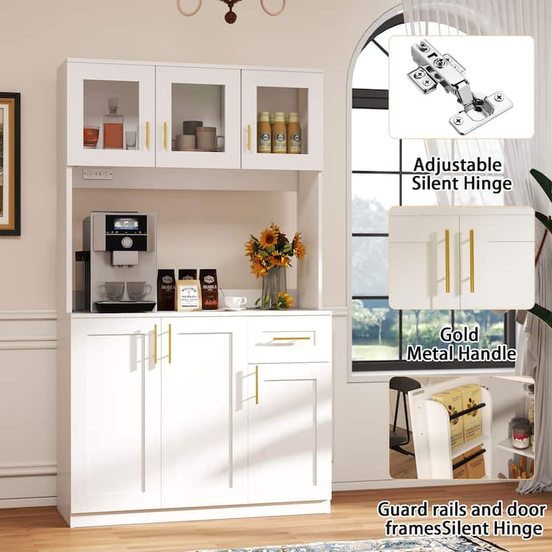 71'' Kitchen Pantry Cabinet with Hutch, Drawer & LED Light, Microwave Stand with Power Outlet for Dining Room or Kitchen