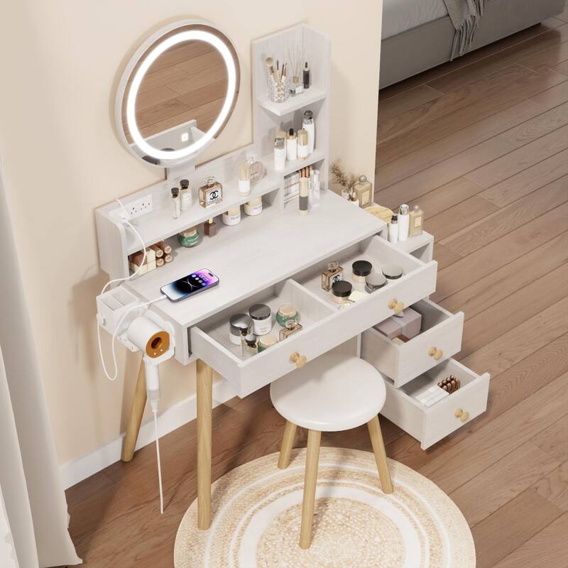 Vanity Desk with LED Lighted Mirror, Vanity Table Set with Cushioned Stool, Dressing Table with Drawers and Open Shelves