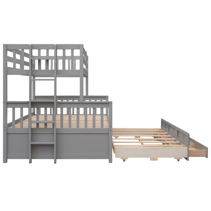 Space-Saving Twin-Over-Full Bunk Bed with Trundle and Drawers, Gray