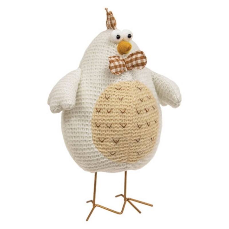 Knit Fabric Standing Chicken Plush Figure with Red Plaid Bow Tie Farmhouse Rustic Spring Tabletop Shelf Décor 10.25 Inch - White