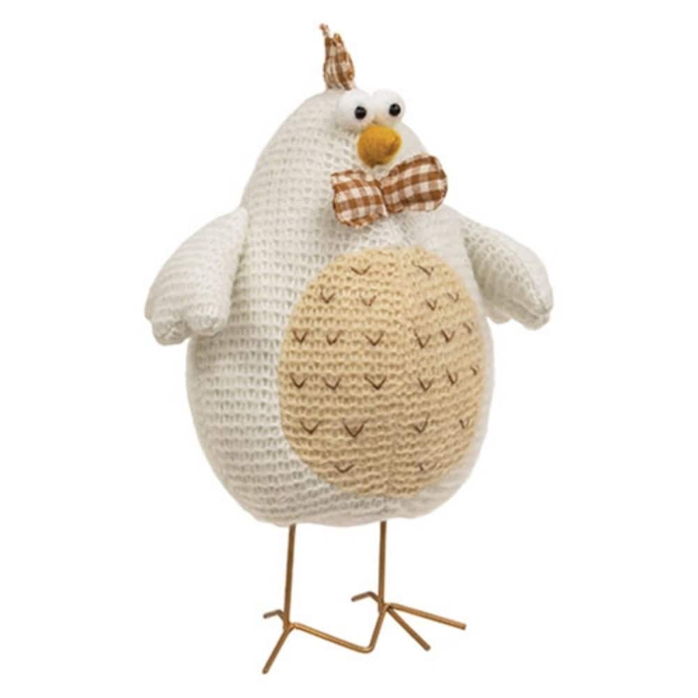 Knit Fabric Standing Chicken Plush Figure with Red Plaid Bow Tie Farmhouse Rustic Spring Tabletop Shelf Décor 10.25 Inch