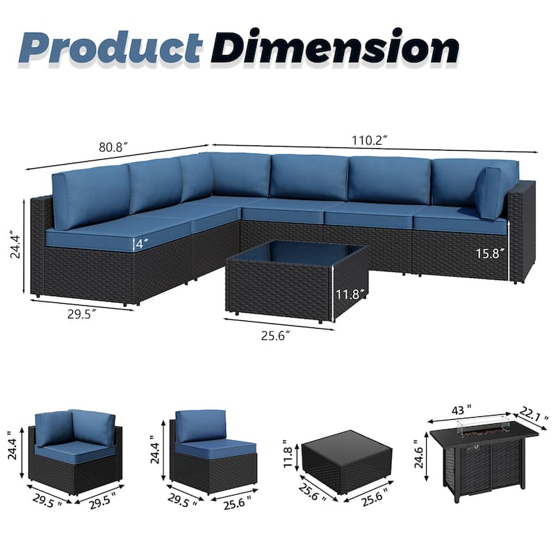 8-Piece Outdoor Patio Wicker Conversation Set with Fire Pit Table, Sectional Sofa & Cushions - N/A