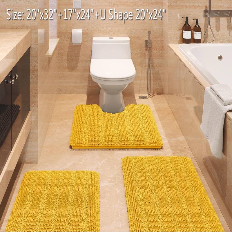 Ultra Soft Striped Non Slip Chenille Bathroom Rug Set 3 Pieces
