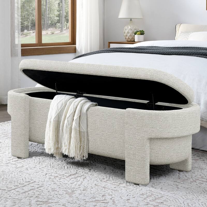 Linen Fabric Upholstered Bench with Large Storage Space