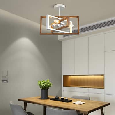 3 Light Modern Rectangular Silver and Wood Ceiling Light Adjustable Shade