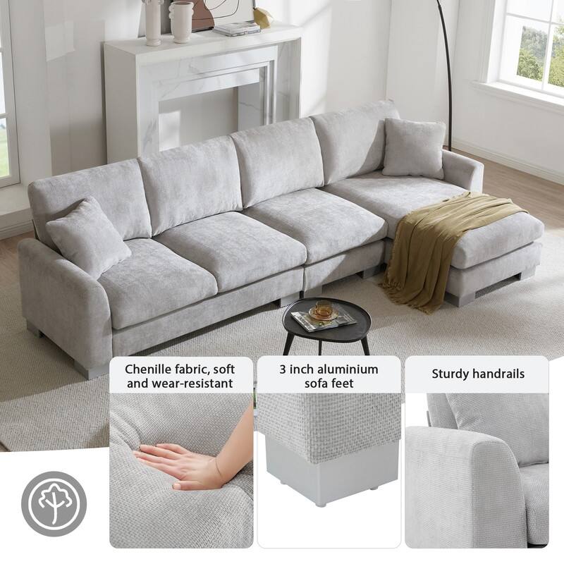 Modern Oversized Long Couch with 2 Pillows, L-shaped Sectional Sofa with with Chaise Lounge