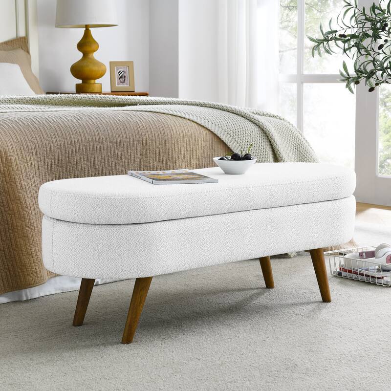 Modern Oval Storage Ottoman, Storage Bench w/Rubber Wood Legs