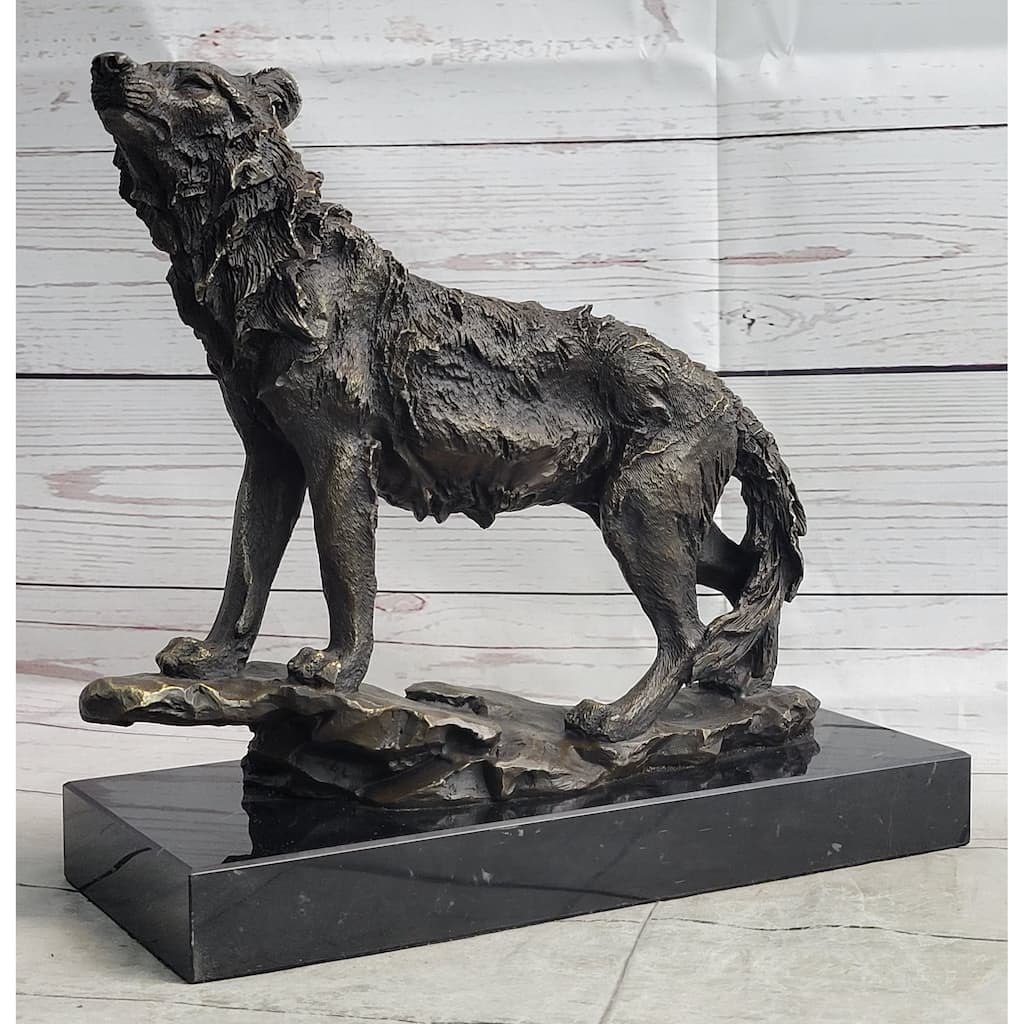 Howling Wolf Bronze Metal Statue Sculpture Figurine Signed Art On Marble Base