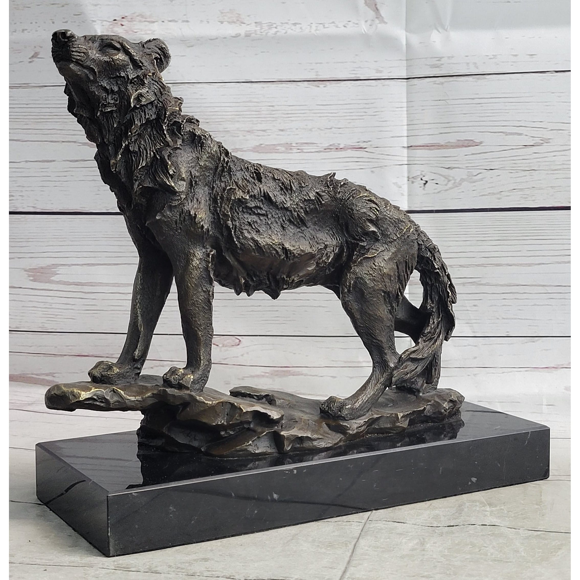 Howling Wolf Bronze Metal Statue Sculpture Figurine Signed Art On Marble Base