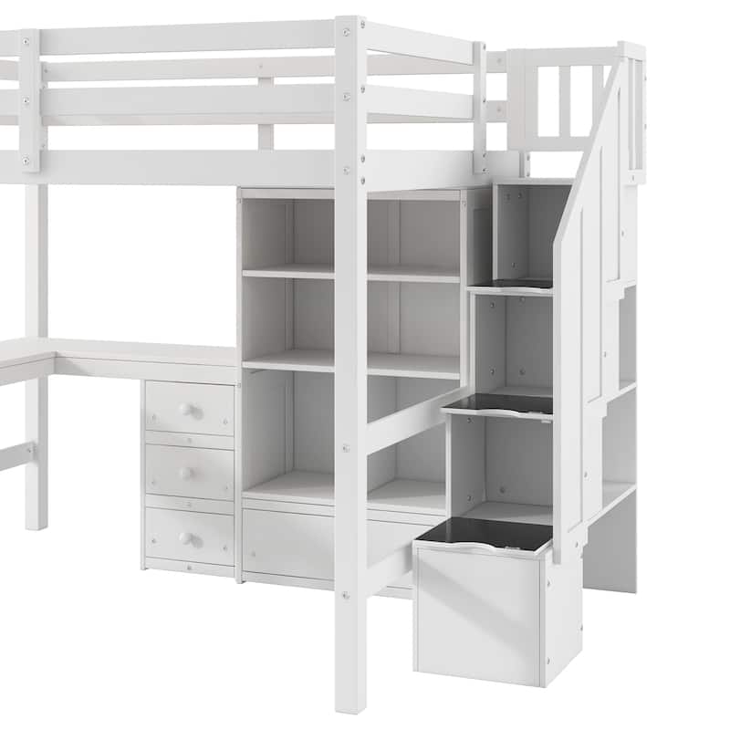 Full Size Loft Bed with L-Shaped Desk and Drawers, Cabinet and Storage Staircase