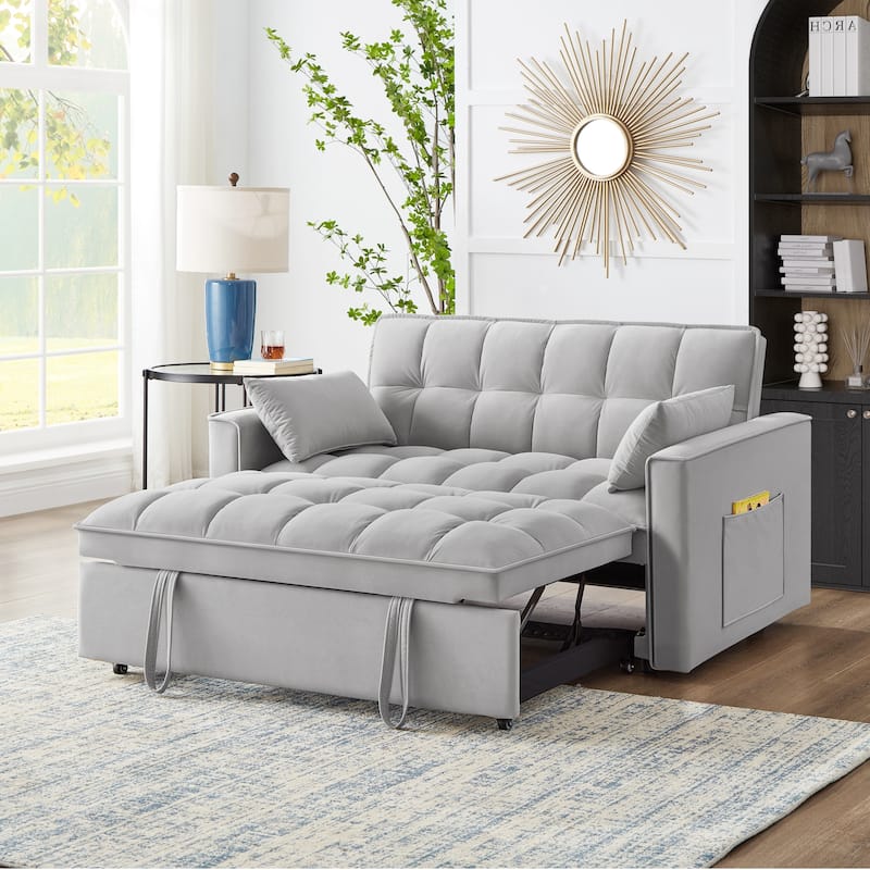 Gray 52.5" Velvet 4-in-1 Loveseat Tufted Pull-Out Sofa Bed with Adjustable Backrest - Gray