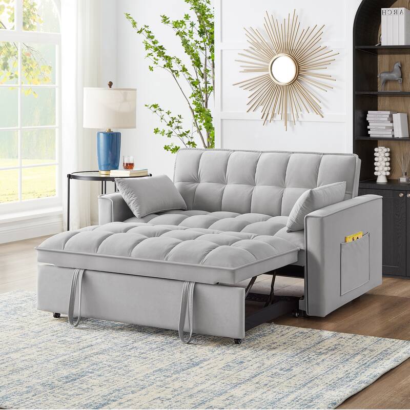 Velvet Loveseat Sofa Bed 4-in-1 with Adjustable Backrest and Storage Pockets - Grey