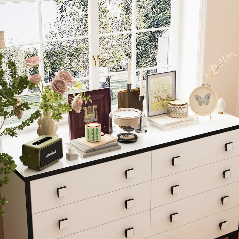 63" Modern 8 Drawer Dresser, Black & White Double Wide Bedroom Storage Chest