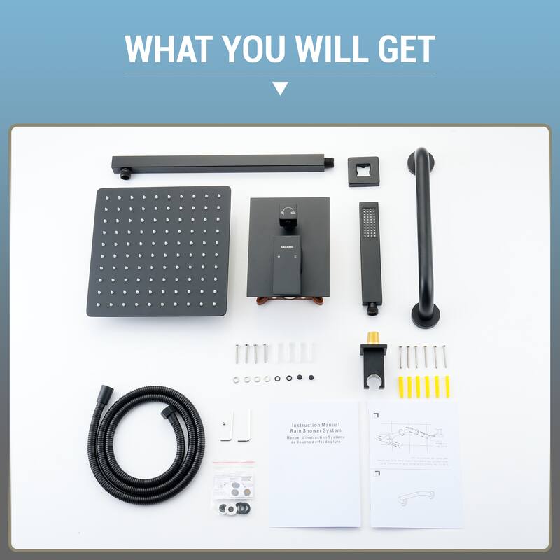 2-Spray 10 in. Wall Mount Fixed and Handheld Shower Head with Shower Grab Bar (Anti Scald Valve Included) - 10" x 10"