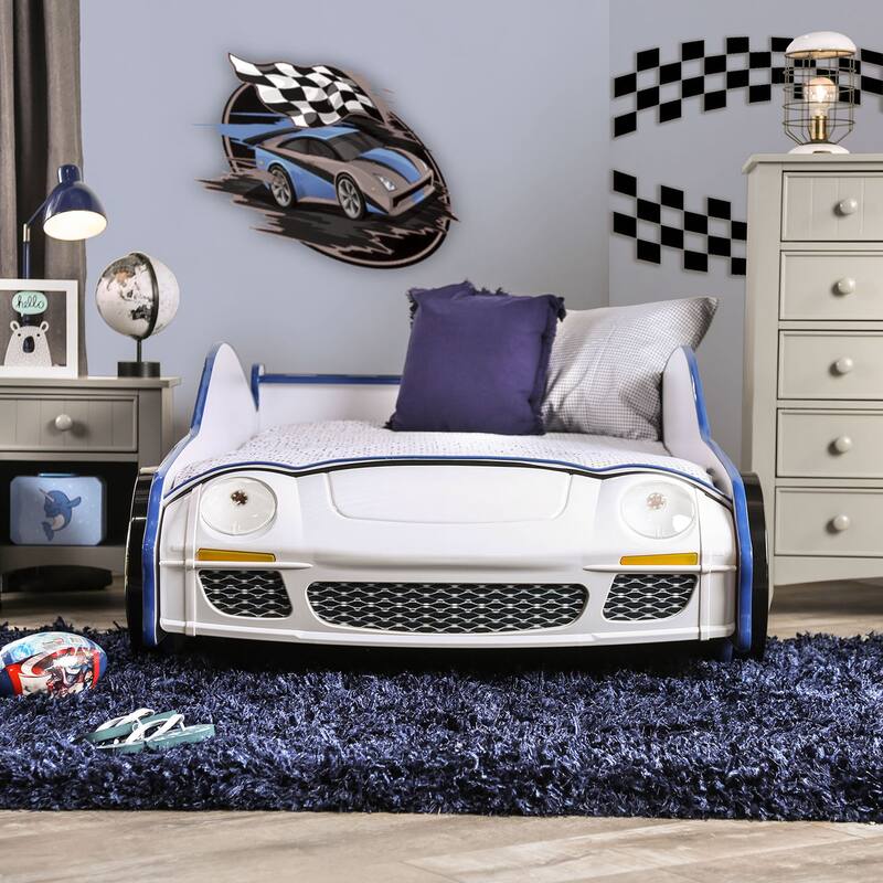 Rixi Modern White Chrome Wheel Car Kids Bed by Furniture of America