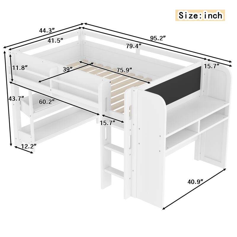Twin Loft Bed with Multi-storage Bookcases, Boxes and Drawers, Solid Wood Low Loft Beds with Desk and Blackboard