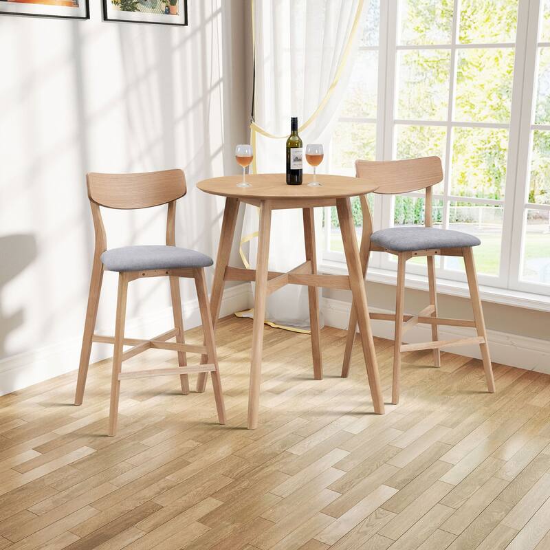 2-Piece Bar Chair Set, Solid Rubber Wood Frame, Upholstered Counter Stools with Footrest