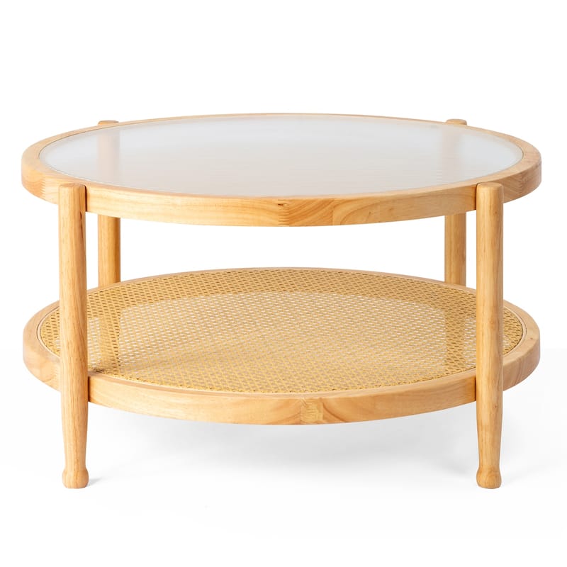 31.5in Rattan Coffee Table with Tempered Glass Top and Hand-Woven Shelf for Indoor Outdoor - 31.5” x 31.5” x 17.3” - Natural
