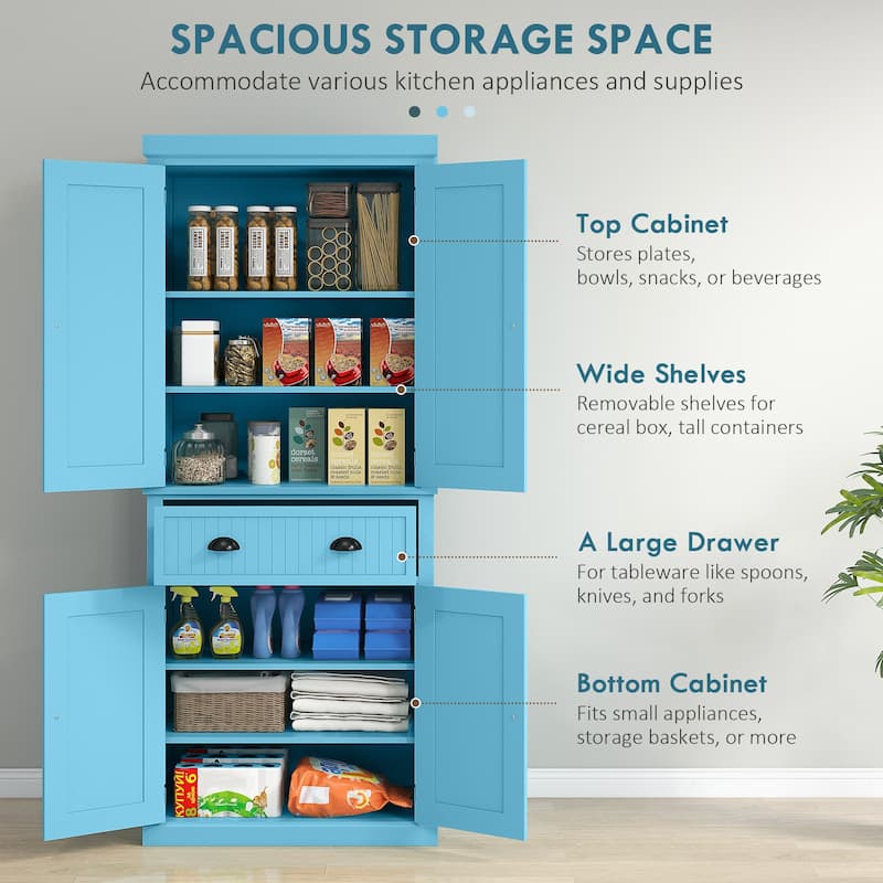72" Kitchen Pantry Cabinet, Freestanding Tall Storage Cabinet, Traditional Kitchen Cabinet with 4 Doors, Drawer