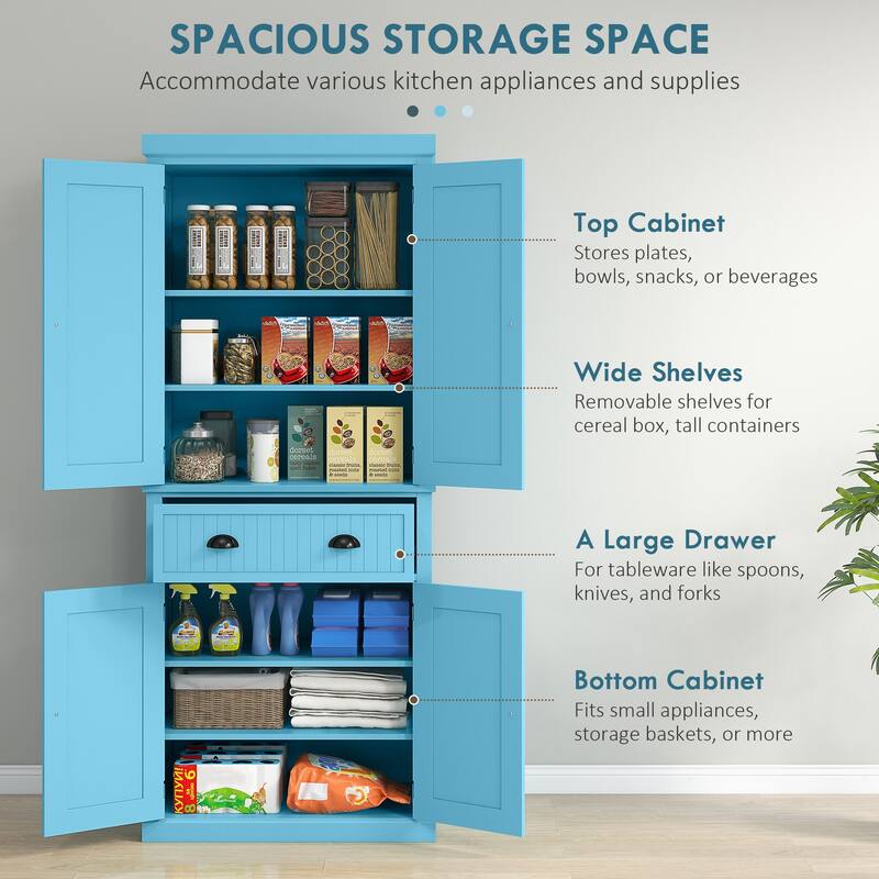 HOMCOM 72" Kitchen Pantry Cabinet, Freestanding Tall Storage Cabinet, Traditional Kitchen Cabinet with 4 Doors