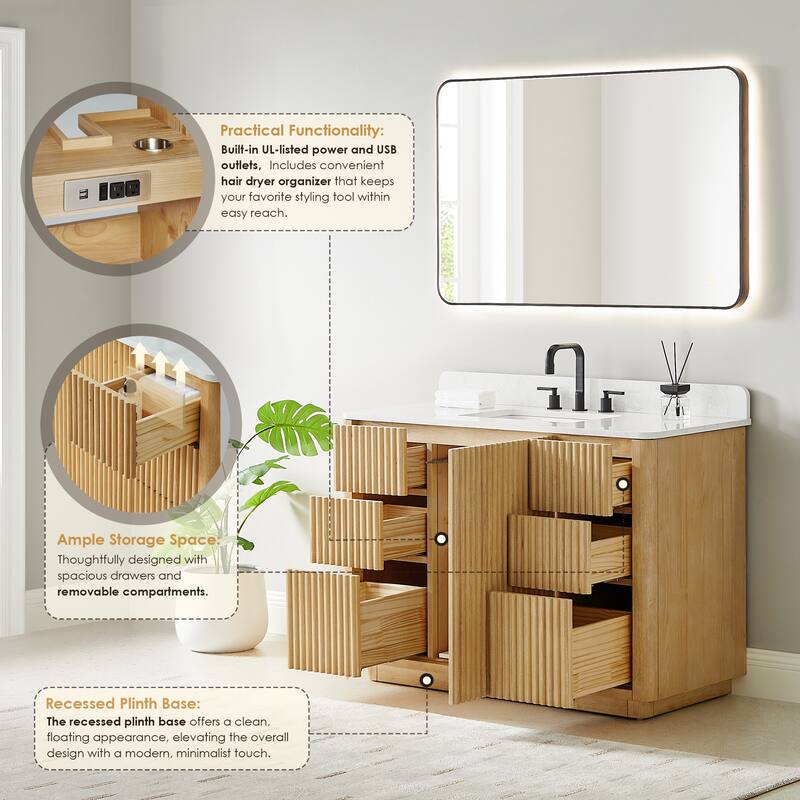 Clayton Bathroom Vanity in Washed Light Brown with Grain White Engineered Stone Countertop without Mirror