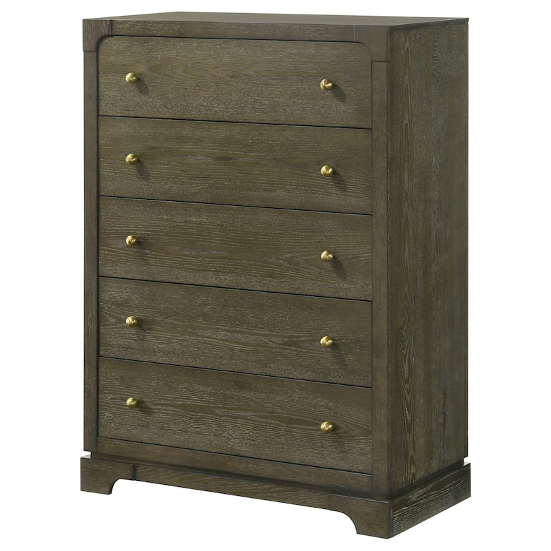 Seon Tall Dresser Chest, 5 Drawers with Brass Knobs, Dark Cocoa Brown