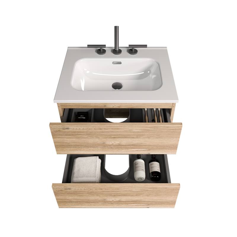 GDFStudio - Gloria Modern Wall-Mounted Floating Bathroom Vanity with Integrated Ceramic Basin & Soft-Close Drawers