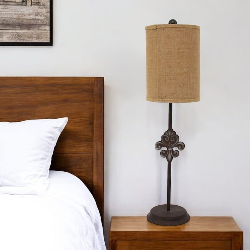 Traditional Black Metal Table Lamp with Burlap Shade 31-Inch Plug-In Desk Light for Living Room - 31”H x 13”W x 15”D