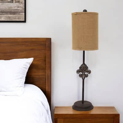Traditional Black Metal Table Lamp with Burlap Shade 31-Inch Plug-In Desk Light for Living Room - 31”H x 13”W x 15”D