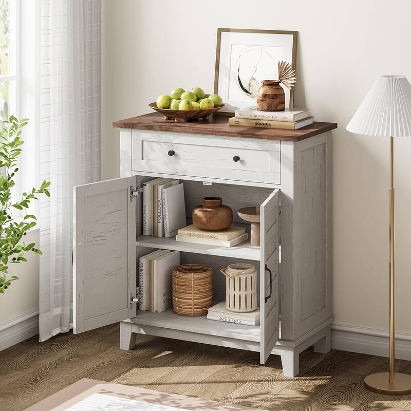 Farmhouse Storage Cabinet, 3-Tiers Adjustable Shelf, Multi-Functional Entryway Cabinet - White & Brown