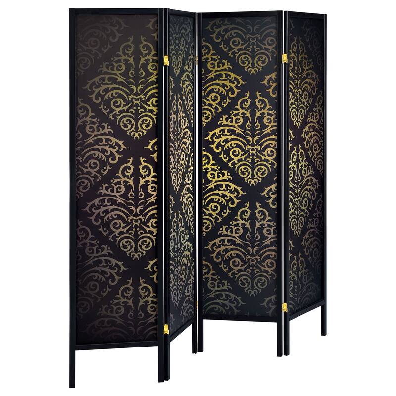Haidera Black 4-panel Damask Pattern Folding Screen - Black