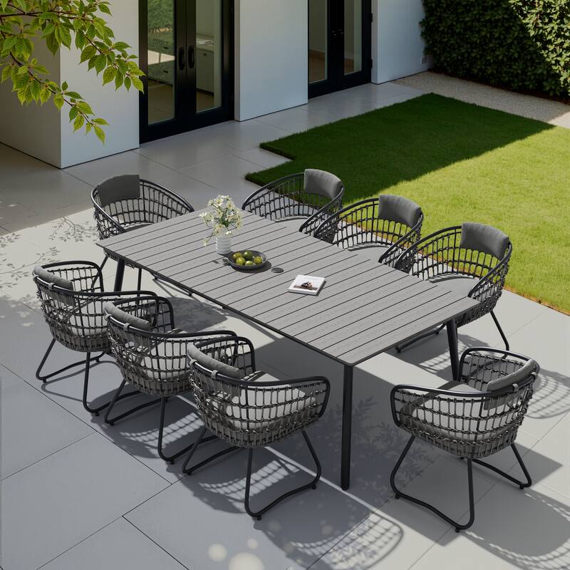 9-Piece Outdoor Patio Dining Set Wood-Like Table Top Alumium Umbrella Hole Table with Rattan Chairs - GreyTable&GreyChairs