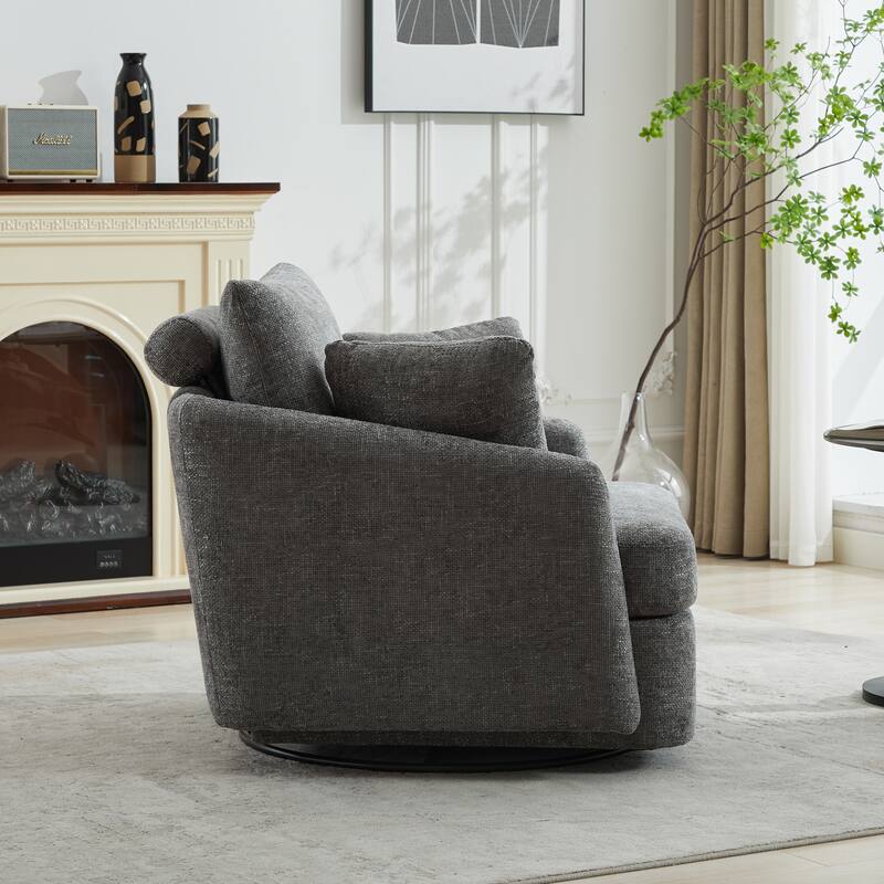 Corduroy Fabric Swivel Accent Chair, Oversized Round Armchair with 2 Thorw Pillows, Ergonomic Upholstered Lounge Sofa Chair