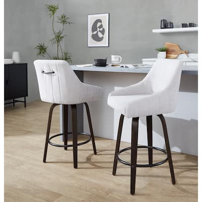 The Gray Barn Hadley 26" Fixed-Height Upholstered Counter Stool with Bent Wood Legs & Round Footrest (Set of 2)