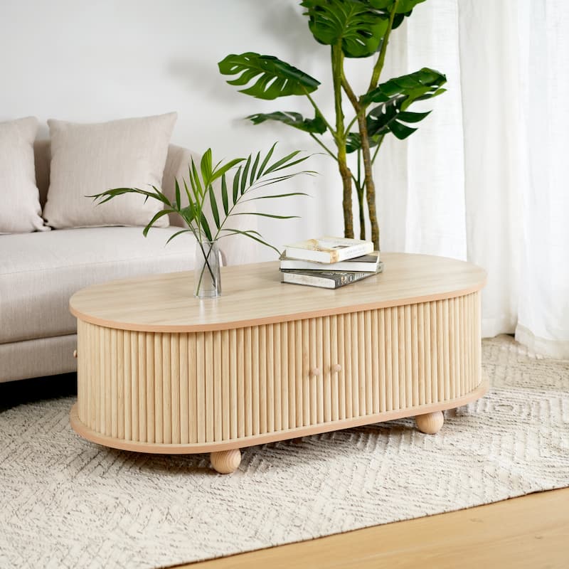 MDF Elegant Long Oval Storage Side Table with Retro Charm, Natural Color - Natural