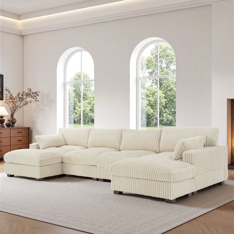 Oversied Plush Corduroy Fabric Modular Sectional Sofa with Chaise, Ottoman - Left Facing - White-5 Pieces