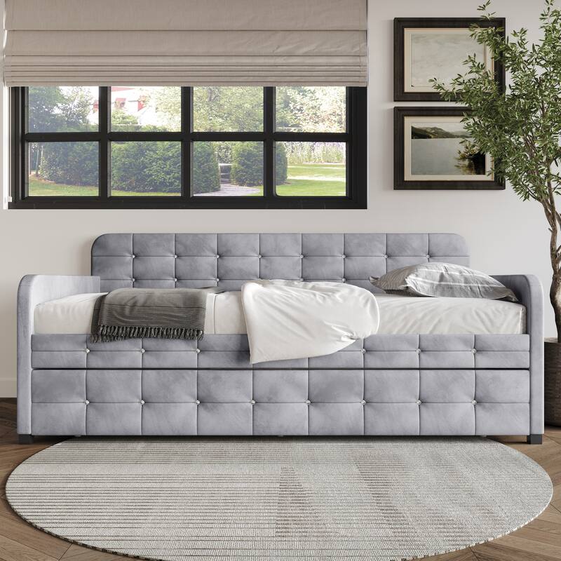 Clayfell Elyria Diamond Button Tufted Velvet Upholstered Daybed - Twin - Grey