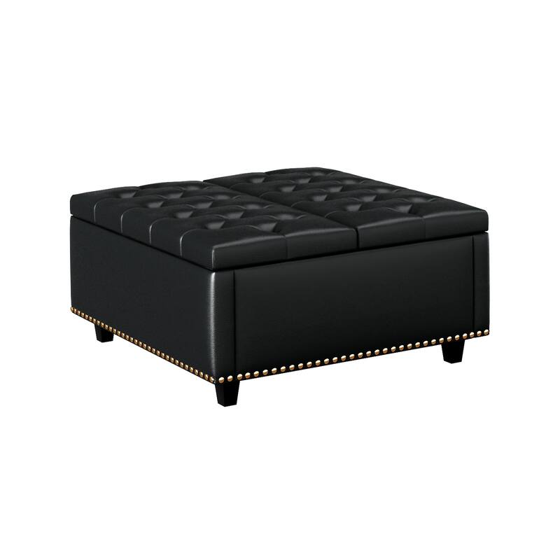 Black PU Leather Square Chair with Storage, Mid-Century Modern Coffee Table