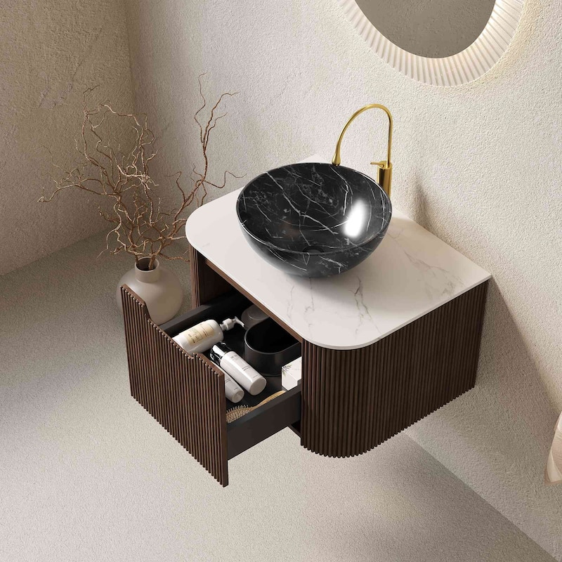 Wall Mounted Striped Bathroom Storage Cabinet with Sink and Drawers